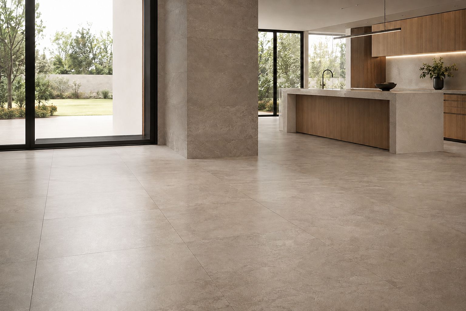 Open-plan living area with large-format floor tiling opening onto an outdoor patio
